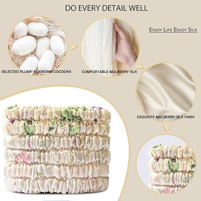 Suncdelv Silk,100% Silk Scrunchies for Hair,22 Momme Hair Ties for Anti-Crease & Breakage,Natural Women Hair Accessories，Fashion Hairbands（Fragmented Flowers）