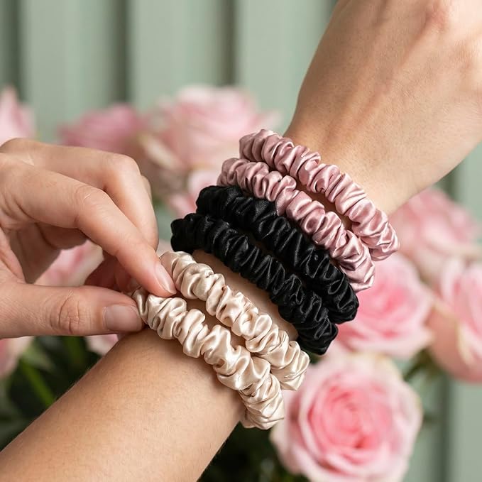 Satin Scrunchies, 6 Pack, Reduces Hair Breakage, Prevents Frizz, Smooth Texture (Black/Rose/Light Pink)