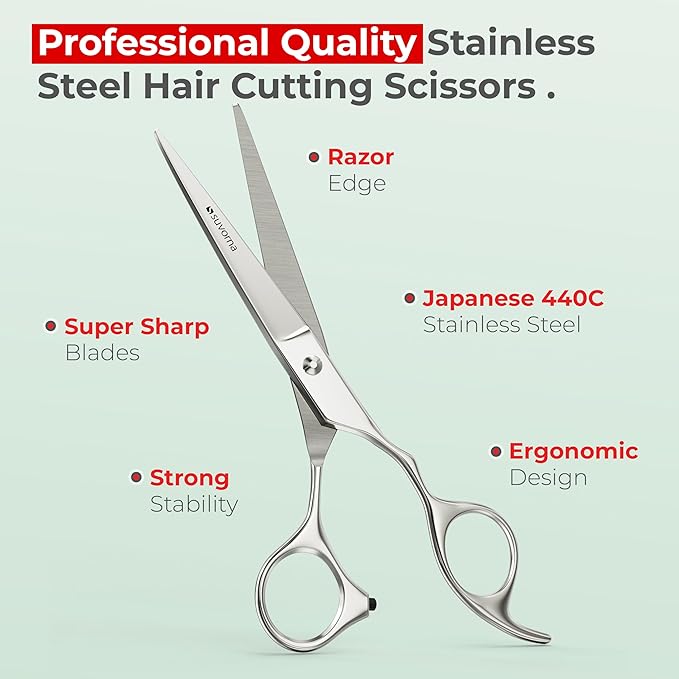Suvorna Professional Hair Cutting Scissors - 6" Stainless Steel Barber Shears for Hair Cutting and Trimming - Razor Sharp Haircut Scissors for Hairdressers & Barbers - Hair Shears for Women and Men