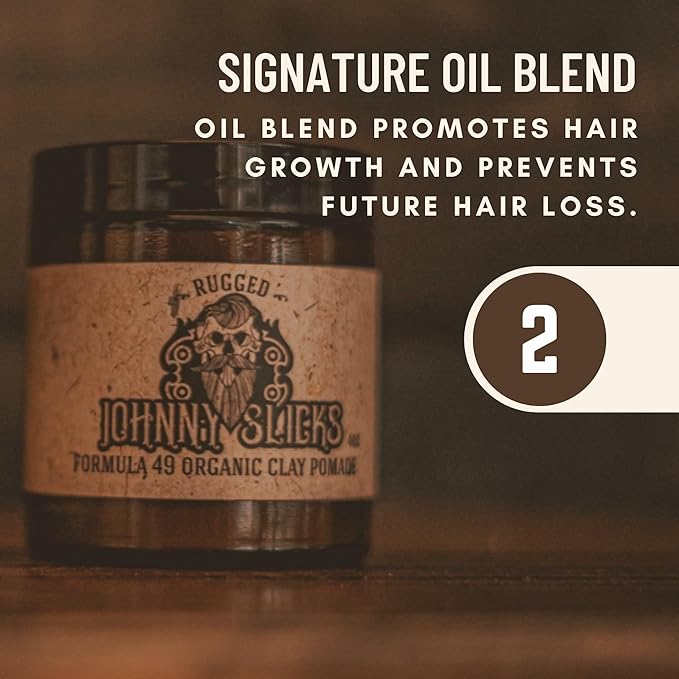 Johnny Slicks Formula 49 Clay All Organic Pomade | Firm Hold & Matte Finish (Promotes Healthy Hair Growth, Helps Hydrate Dry Skin), (2 ounce, Original)