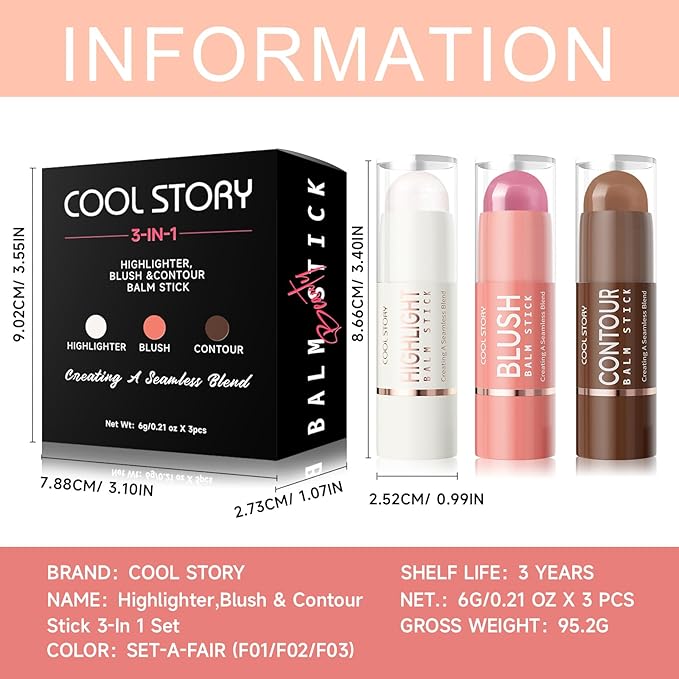 Cool Story 3-in-1 Makeup Set, Highlighter, Blush and Contour Balm Stick, Cream Formula for Face Contouring, Professional Cosmetic Kit (SET-A)