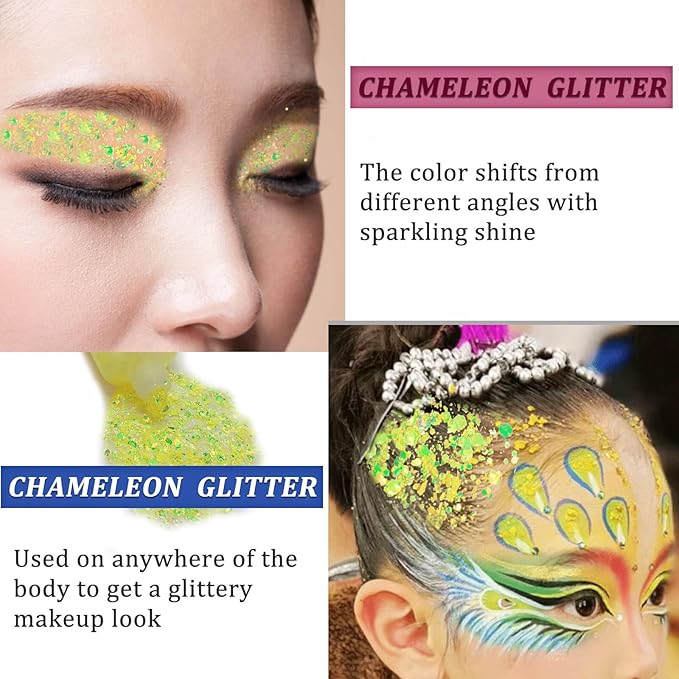 MEICOLY Chameleon Yellow Body Glitter,Chunky Yellow Face Glitter for Halloween,Color Changing Mermaid Hair Glitter Face Paint,Festival Party Cheer Glitter,50ml