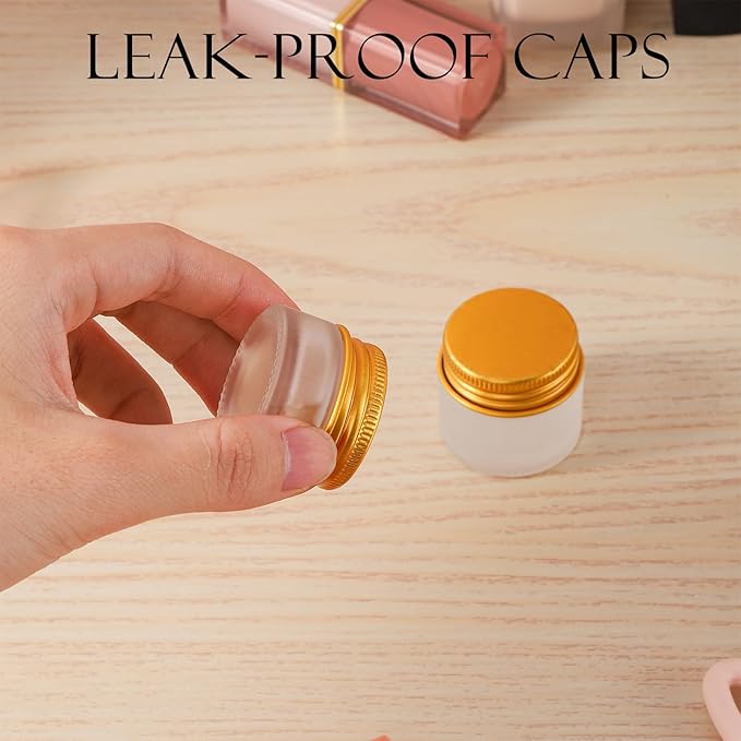 24 pack 10ml Frosted Glass Jars with Gold Lids Small Empty Travel Lotion Containers with Inner Liner Airtight Cosmetic Holder with Labels for Lip Balm Creams Body Butter