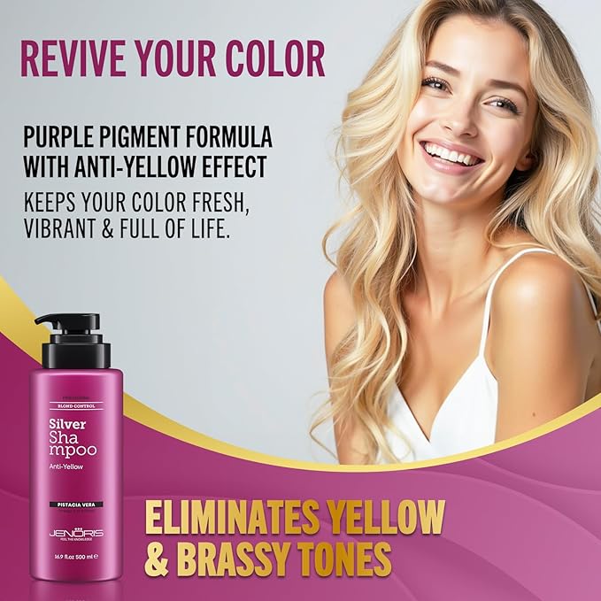 Jenoris Silver Purple Shampoo For Blonde, Silver, Gray & Lightened Hair – Neutralizes Yellow & Brassy Tones – Enriched with Natural Oils, Paraben & SLS Free, Salon Professional, 16.9 Fl Oz