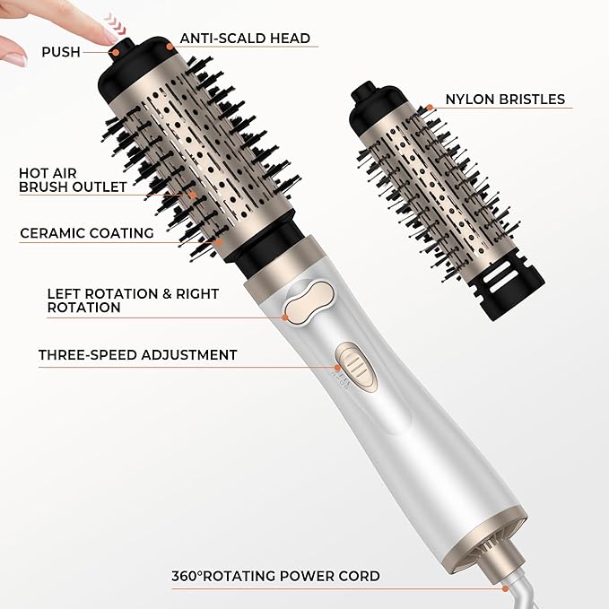 3 in 1 Rotating Hair Dryer Brush, Auto Rotating Blow Dryer Brush Spinning with 2 Brushes (2" & 1.5"), Negative Ionic Brush Blow Dryer, Round Brush Blow Dryer Volumize Curling 100-120V