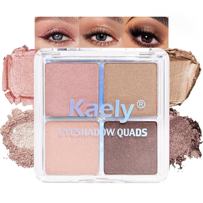 4 Colors Dark Brown Nude Pink Eye Shadow Powder Palette Makeup, Neutral Matte Shimmer Cream Quads Eyeshadow Palette for Women Highly Pigmented Waterproof, paleta de sombras de ojos, Vegan, 06