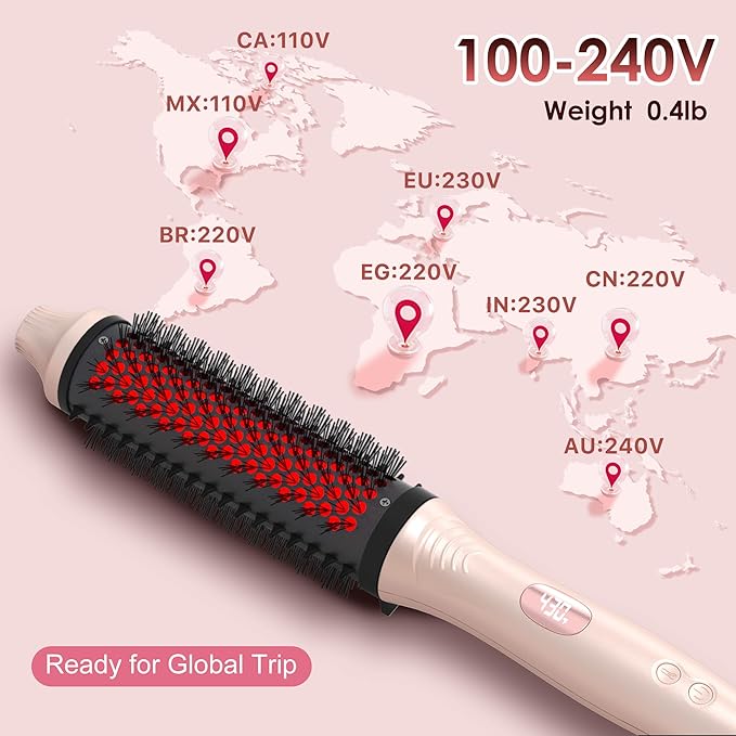 Infrared Thermal Brush, 1.65 inch Heated Round Brush for Blowout Look, Dual Voltage, Negative Ion Thermal Hair Tools, 6 Temperature, No Damage, Pink Gifts for Women