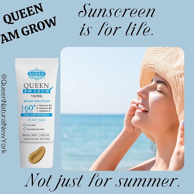 QUEEN AM GLOW | TINTED SunScreen SPF 60 Primer-Anti Aging, Face Moisturizer- Vitamin B3, B5, E- Non-Greasy, Silky Touch, oil free, fragrance free by QUEEN NATURAL NEW YORK (Pack of 1)
