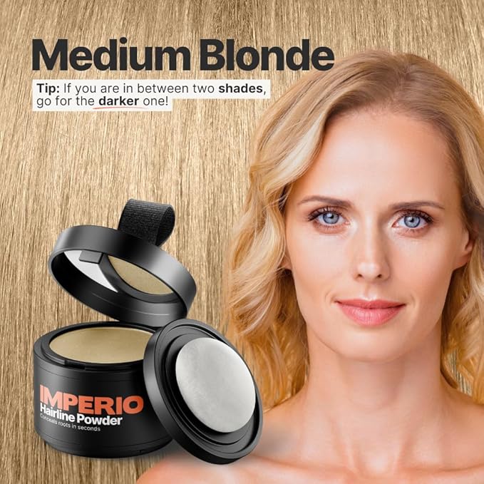 IMPERIO Root Touch Up Hair Powder for Concealing Hair Loss instantly - Hairline Powder for Women & Men - Water resistant Root Cover Up for Thinning Hair in Premium Hairdressing Quality (Medium Blonde)