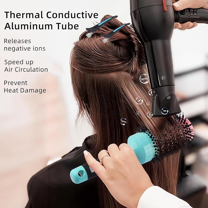 4 Piece Boar Bristle Hair Brush Set for Fine & Thick Hair - Round & Paddle Brushes for Blow Drying,Curl Defining & Wet Hair,Travel Combs (Includes 2 Clips)