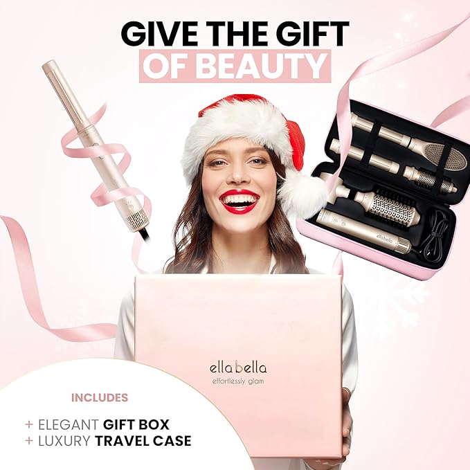 ELLA BELLA® 6 in 1 Professional Hot Air Styler • Powerful Hair Dryer & Straightener Set • Styling Without Heat Damage • Fast Drying Curling Volumizing Straightening • Includes Protective Travel Case