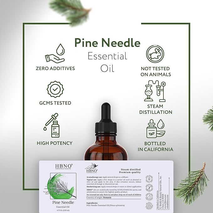 HBNO California Bottled Pine Needle Essential Oil 4 fl oz (120ml) - Natural Pine Needle Oil - Perfect for Cleaning, Aromatherapy, DIY, Soap & Diffuser
