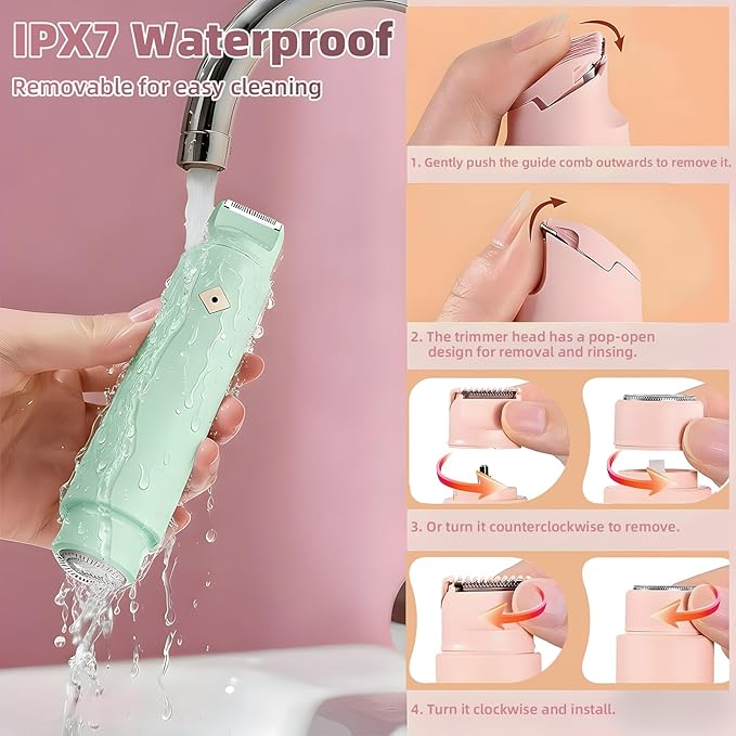 2-in-1 Dual Head Bikini Shaver - Waterproof Bikini Trimmer for Women, Cordless Rechargeable Electric Shaver, Women Electric Razors Grooming Kit (Green)