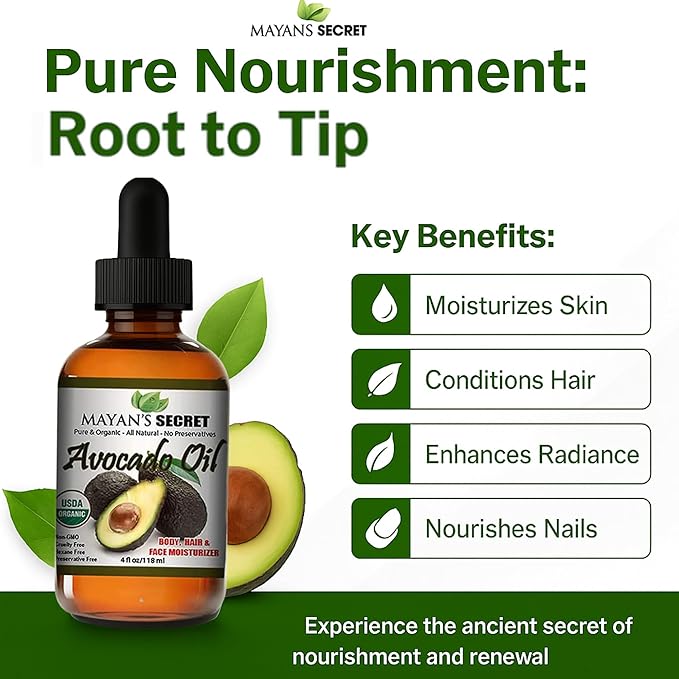 Mayan's Secret - Avocado Oil For Hair and Skin - Natural Dry Skin Face Moisturizer - Collagen Boosting for Aging Skin Combat Fine Lines and Wrinkles