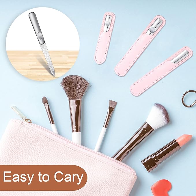 3 Pcs Stainless Steel Nail Files Kit with Leather Case, Double Sided Metal Nail Files with Anti-Slip Handle for Women and Men, Metal File Buffer Manicure Pedicure Tools for Fingernail Toenail(Pink)