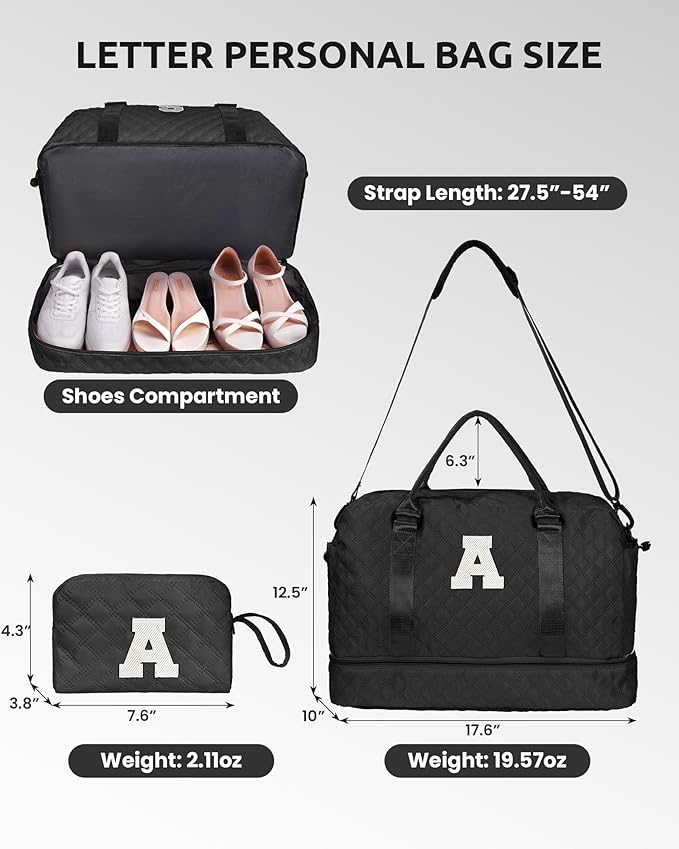 Customized Women Gifts, Travel Essential for Girls, Duffle Bag with Shoe Compartment, Weekender Bag, Overnight Bag for Women, Travel Bag with Makeup Bag Teacher Gifts (Letter D)