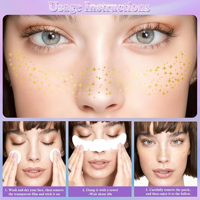 Glitter Freckles Face Tattoo for Women - 12 Unique Gold Sparkle Patches, Waterproof Temporary Freckle Stickers for Festival, Rave & Makeup Glow-up