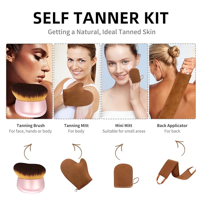 FUNAN Self Tanning Applicator Kit with Soft Mitt, Back Lotion Strap, and Ultra Soft Rose Gold Kabuki Brush, Brown, 3 Piece Set