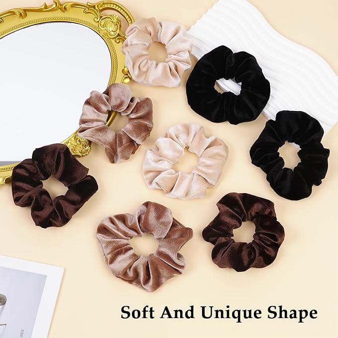 Velvet Scrunchies for Women – 8PCS Neutral Large Hair Ties – Black, Blonde, Dark Brown, Light Brown – No Crease, Frizz-Free, Soft & Gentle Elastic Hair Bands, Everyday Hair Accessories Gifts