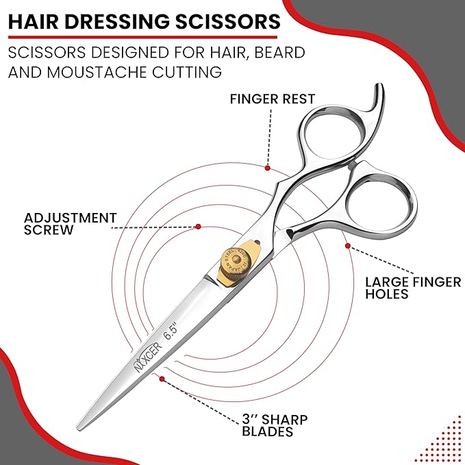 Hair Cutting Scissors -Sharp Razor Edge Blade Hair Shears Series - 6.5" With Fine Adjustment – Stainless Steel Hair Scissors Professional For Men, Women & Babies (Silver)