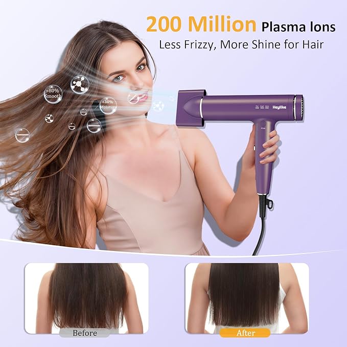 High Speed Plasma Ion Hair Dryer with Diffuser, Professional Blow Dryer 130000 RPM Brushless Motor for Fast Drying,1500W 3Temps/3Speeds Thermo-Control Lightweight Hairdryer for Women Home Travel Salon