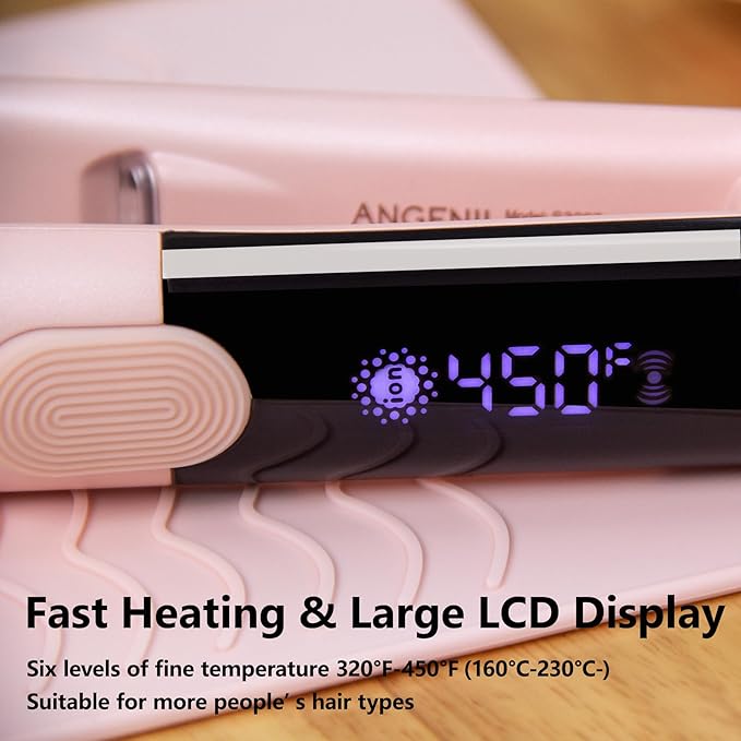 ANGENIL Pro Round Pink Dual Voltage Hair Straightener Irons, Titanium Flat Iron Hair Straightener and Curler 2 in 1 with Heat Resistant Silicone Mat, Smoothness, Large LCD Display, 20S Fast Heat Up
