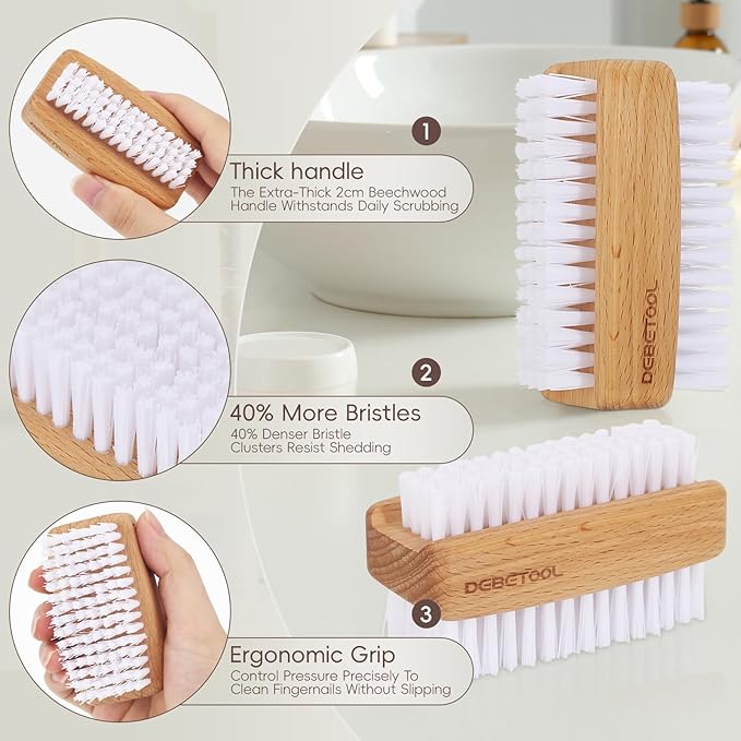 2-Pack Fingernail Brush - Wooden Nail Brush for Cleaning Fingernails, Two Side Bristle Hand Nail Scrubber for Cleaning Tough Grime, Gardening & Manicure