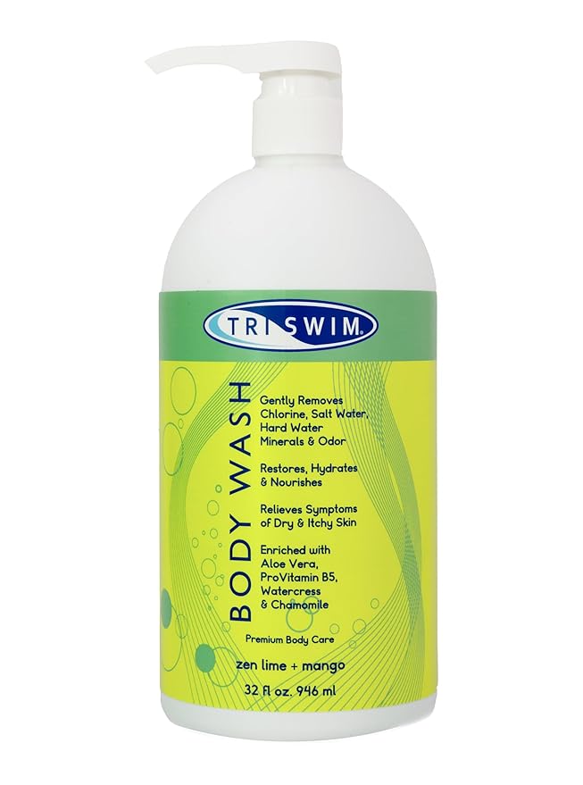 TRISWIM Chlorine Removal Body Wash 32 Fl Oz | Removes Chlorine, Bromine, Hard Water Minerals & Saltwater | Hydrates & Restores Skin | Zen Lime + Mango Scent