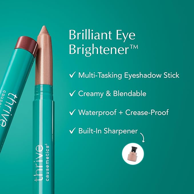 Thrive Causemetics Brilliant Eye Brightener Shimmer Classic Eyeshadow Stick Bundle, 3 Shades, Waterproof & Crease Proof Cream to Powder Long Lasting Formula, 3 Shadow Sticks & Confetti Makeup Bag