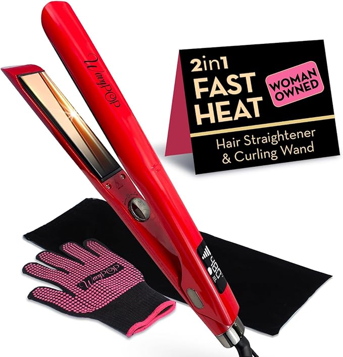 2 in 1 Professional Dual-Voltage Titanium Flat Iron Hair Straightener | up to 480°F | 10s Heat-Up | Straightening Iron & Hair Curling Wand 1.25" with Ceramic MCH Fast Heat, Auto Shut Off