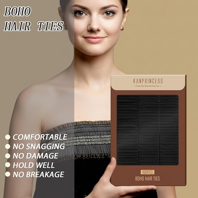 Nylon Black Hair Ties - No Damage,Strong Soft Cotton Hair Bands Accessories for Thick Hair 100PCS Ponytail Holders for Women Girls