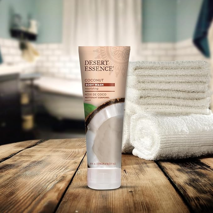 Desert Essence Coconut Body Wash - Nourishing Body Wash with Jojoba Oil, Organic Coconut Oil, Shea Butter - Vegan, Cruelty-Free, Gluten-Free - Hydrating Natural Body Wash for Smooth Skin Care - 8 oz