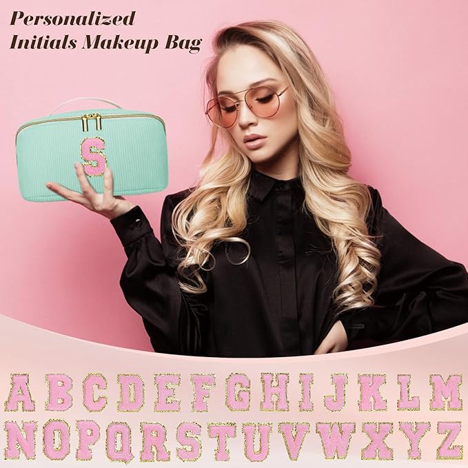 Personalized Initial Makeup Bag, Valentine's Day Gifts for Girls,Preppy Bag Cosmetic Travel Bag Women,Travel Toiletry Organizer,Large Capacity Corduroy Stuff Bag,Cute Cosmetic Pouch Skincare Bag