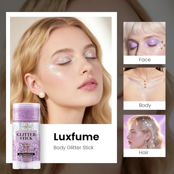 Body Glitter Stick, Purple Glitter Wax Stick for Hair and Body, Long-Lasting Sparkle - Safe & Sweatproof for Women Face/Body/Hair Glitter Makeup