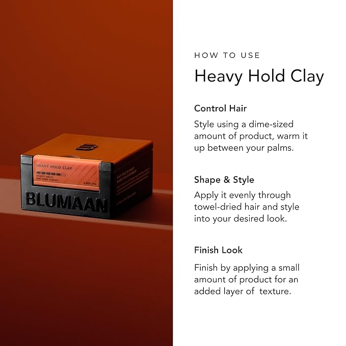 BLUMAAN Heavy Hold Clay - Men's Extra Strong Hold Hair Clay Creates Texture and Volume (2.5 oz) - Natural Matte Finish with Organic Oils - Controls Coarse,Thick, Unruly Hair