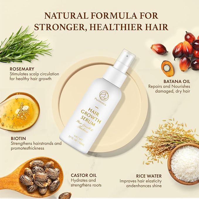 Hair Growth Serum: Rosemary Batana Castor Oil Rice Water Biotin Hair Oils for Hair Growth - Hair Growth Thickening Product - Hair Loss Treatments for Women Men(1.7 Fl Oz (Pack of 2))