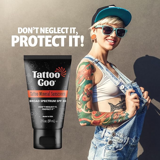 Tattoo Goo Zinc Oxide Mineral Sunscreen SPF 30 – Broad Spectrum UVA/UVB Protection, Tattoo Fade Shield, Non-Greasy, Fragrance-Free, 2 fl oz