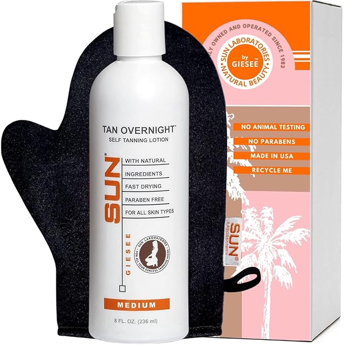 Sun Laboratories By Giesee Tan Overnight Sunless Tanning Lotion and Tanning Mitt - Self Tanning Lotion, Organic Self Tanner Ultra Dark, Pregnancy Safe, Non-Toxic, Instant Long Lasting, Travel Size