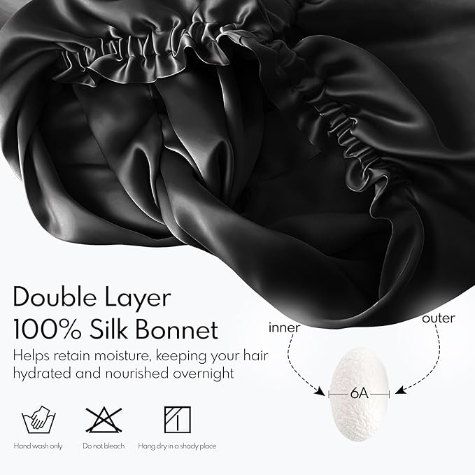MISF 22 Momme 100% Real Mulberry Silk Bonnet For Sleeping Women, Double Layer Pure Silk Bonnet with Adjustable Elastic Band