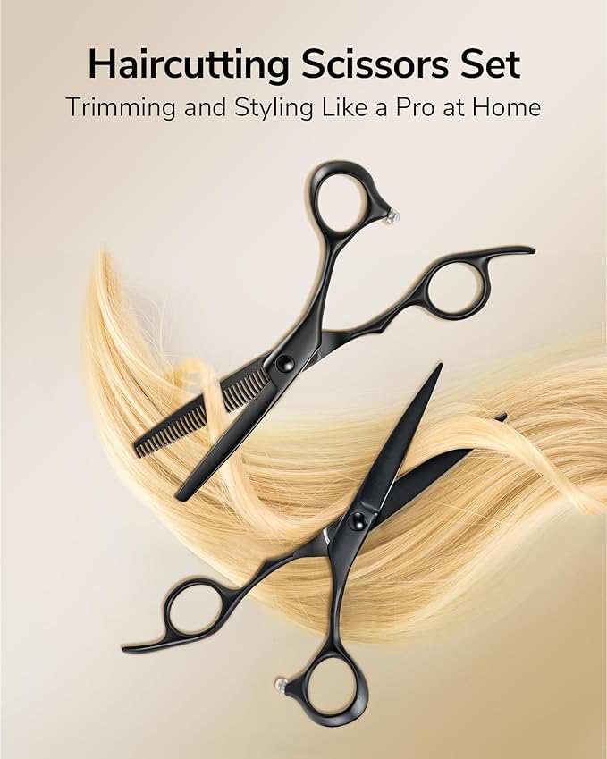 ULG Professional Hairdressing Shears 2 Pack 6.5 Inch Hair Cutting Scissors and Thinning Shears with Ergonomic Handle Lightweight for Salon Use and Home Matte Black