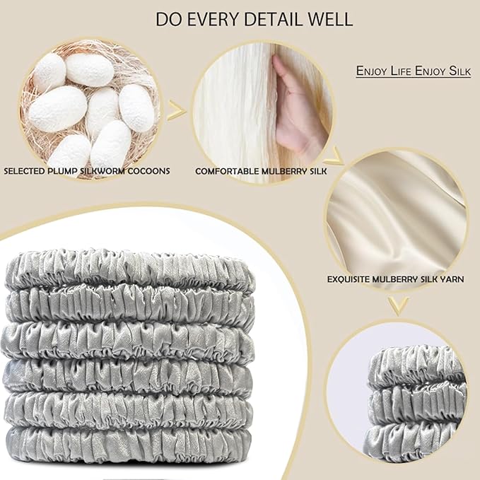 Suncdelv Silk,100% Silk Scrunchies for Hair,22 Momme Hair Ties for Anti-Crease & Breakage,Natural Women Hair Accessories，Fashion Hairbands 6PCS（Silver Grey）