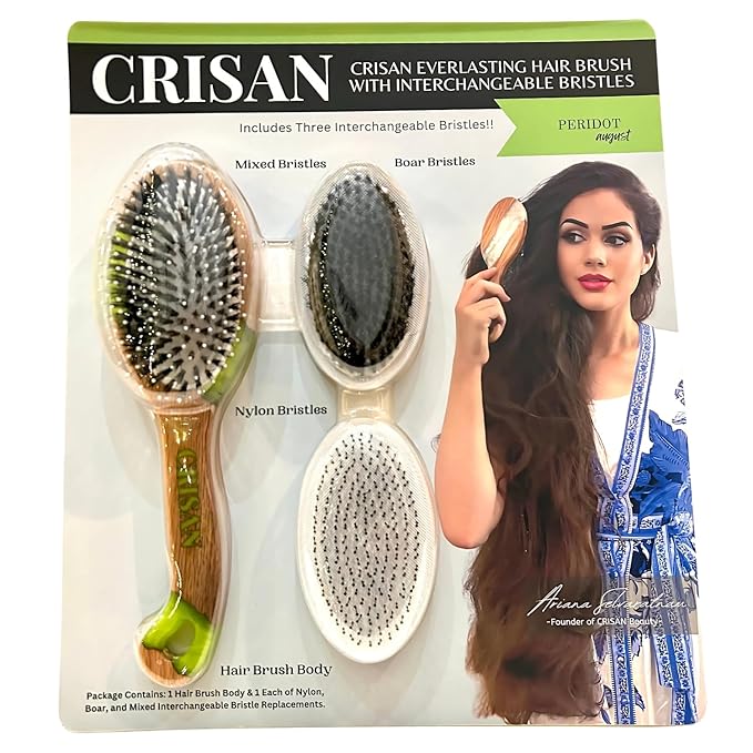 CRISAN Everlasting Hair Brush, Hand Carved Oak Wood and Resin Handle, 3 Interchangeable Bristles - Mixed, Boar, and Nylon (Peridot)