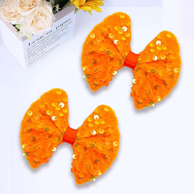 Velvet Sequin Hair Bows Fall Orange Bow for Women Girls, 4in Glitter Handmade Hair Clips Alligator Clips Sparkly Ponytail Holder Hair Accessories for Helloween, Christmas, Birthday Party, Wedding
