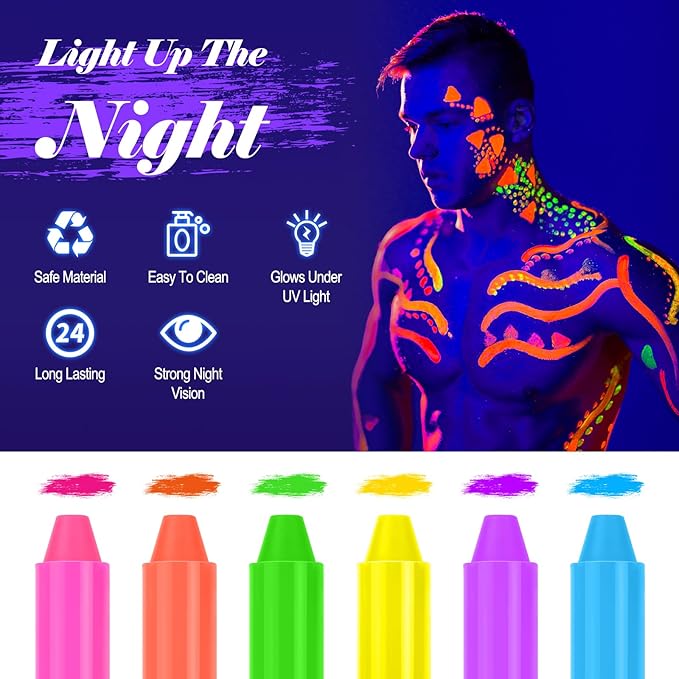 glow in the dark body face paint, 12pcs neon accessories for glow party supplies, UV Crayon Kit neon party decorations for Birthday Party Halloween Masquerade Makeup for Kids Adult
