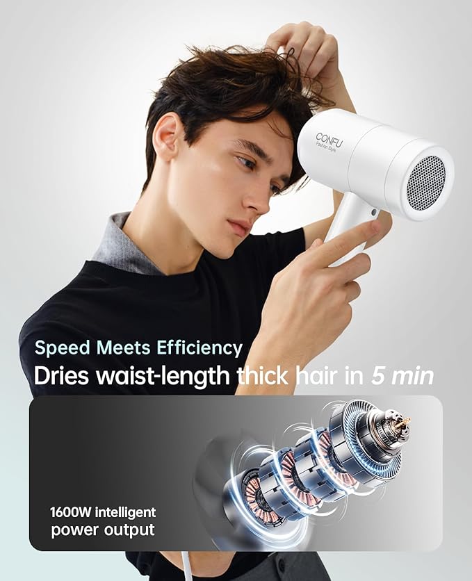 Hair Dryer with Diffuser, CONFU Blow Dryer for Curly Hair for Women Men, 21000PRM Travel Hair Dryer, Portable Lightweight Fast Drying Negative Ion Hairdryer for Home & Travel