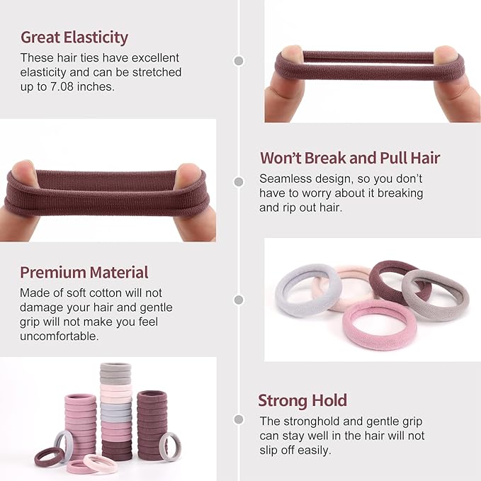 Bessrung 100 Pcs Thick Seamless Hair Ties, Ponytail Holders, Pink, No Damage for Thick Hair, Valentine's Day Christmas Gift