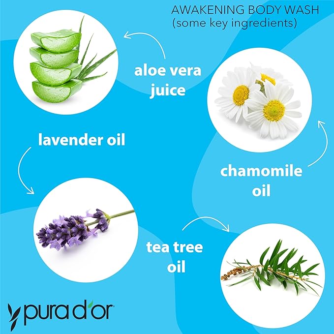 PURA D'OR 16 Oz Awakening Body Wash with Aloe Vera, Chamomile, Lavender, Tea Tree and Natural Nutrients - pH Balanced for Moisturized Soft, Fresh-Feeling Skin, All Skin Types, Men & Women