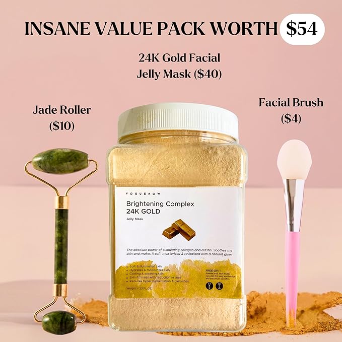 Jelly Face Mask for Facials - 24K Gold Hydrating, Brightening & Nourishing Jelly Mask with Free Jade Roller & Spatula | Professional Hydrojelly Masks | Christmas Gifts for Women, Gifts for Women