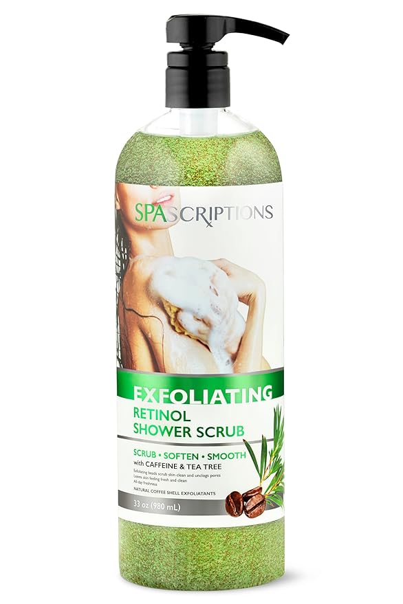 SpaScriptions Exfoliating Body Wash for Smooth Hydrated Skin, pH Balanced, Paraben Free, 33 oz (Retinol With Caffeine & Tea Tree)