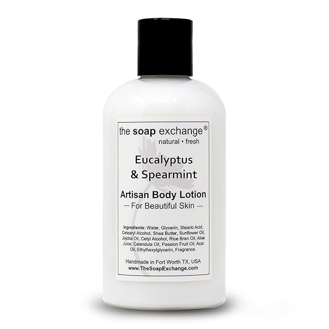 The Soap Exchange Body Lotion - Eucalyptus & Spearmint Scent - Hand Crafted 8 fl oz / 240 ml Natural Artisan Skin Care for Hand, Face, & Body, Moisturize, Hydrate, & Protect. Made in the USA.